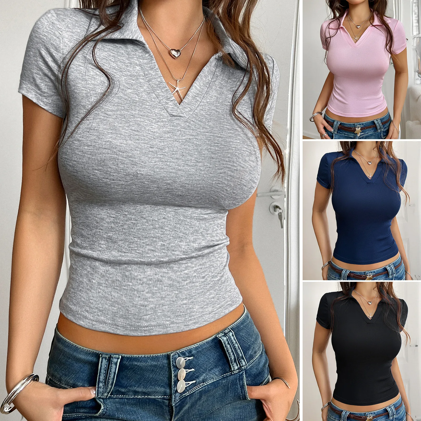 

2025 Spring And Summer Women's Clothing Amazon Casual Slim-fitting Exposed Navel Y2K Knitted Short-sleeved Bm Top