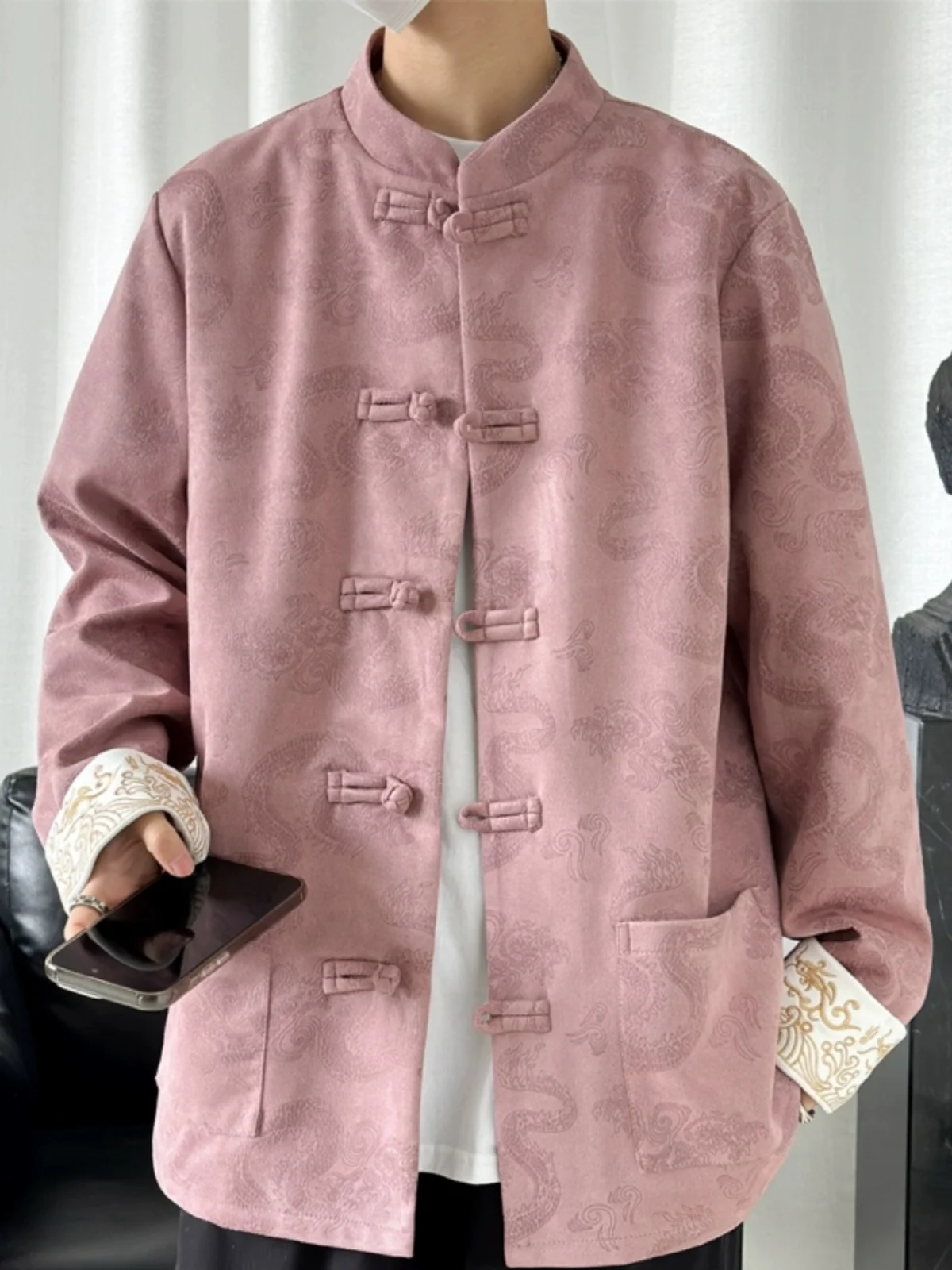 

New Chinese Sle Men's Large Size Deer Skin Velvet Jaet Tang Costume Modified Han Su Jaet Sle Spring Autumn Top