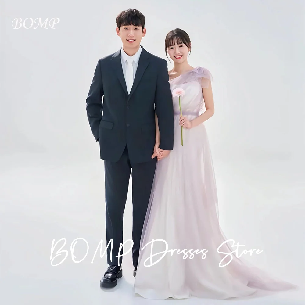 

BOMP Sweet One Shoulder Bow Wedding Party Dress A-Line Purple Tulle Korea Photo Shoot Bridal Gown Customized Elegant