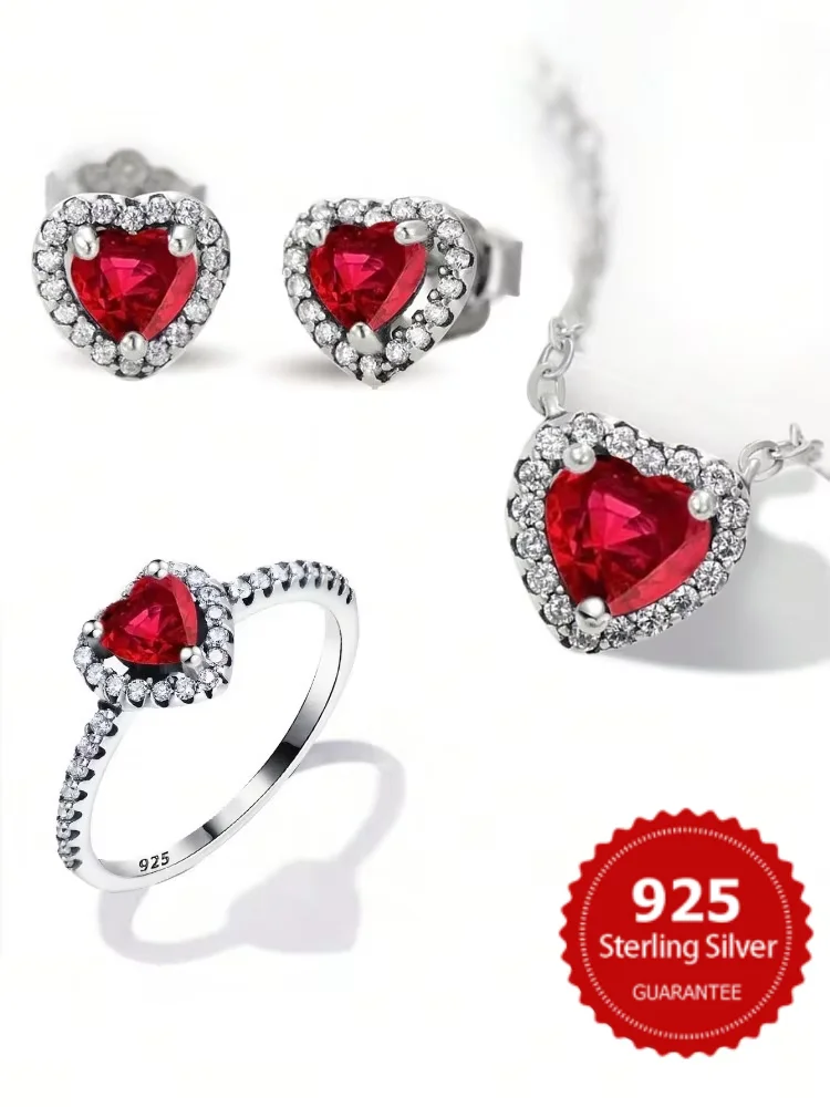 

Стерлингового Серебра 925, модное блестящее красное кольцо с сердечком, ожерелье, серьги, комплект для женщин, юбилей, высокое качество, ювелирные изделия