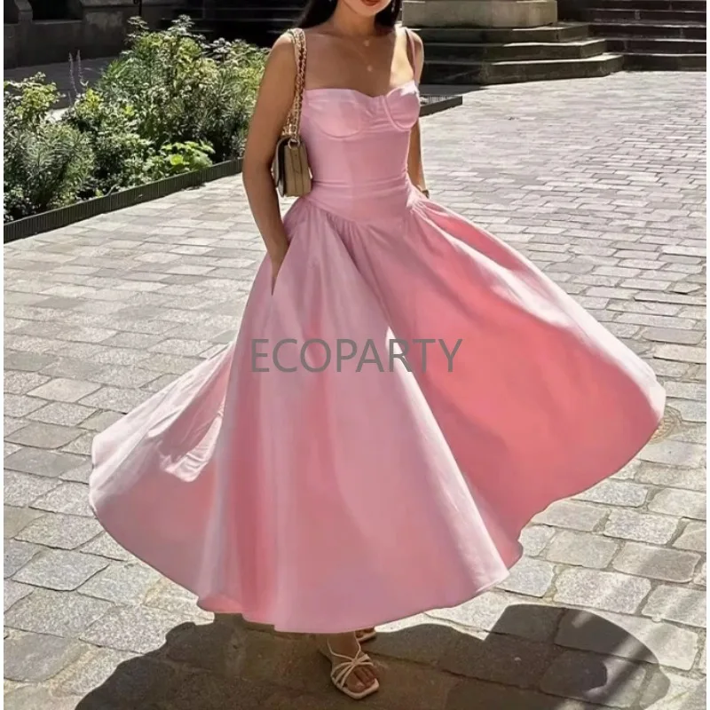 Women's Dress 2025 Spring/Summer New Style Solid Color Fashion Elegant Retro Style Dopamine Strap Long Dress Women's Wear