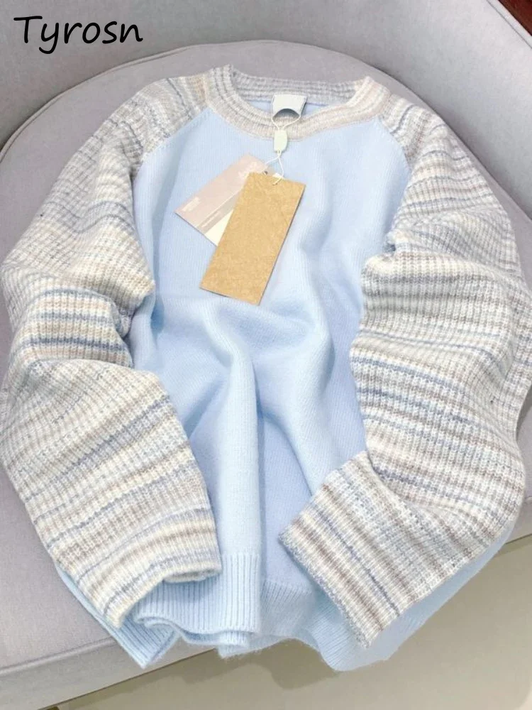 

Sweaters for Women High-end Patchwork Autumn Winter New Long Sleeve Sweet Cute Contrasting Colors Pullovers Youthful Knitwear