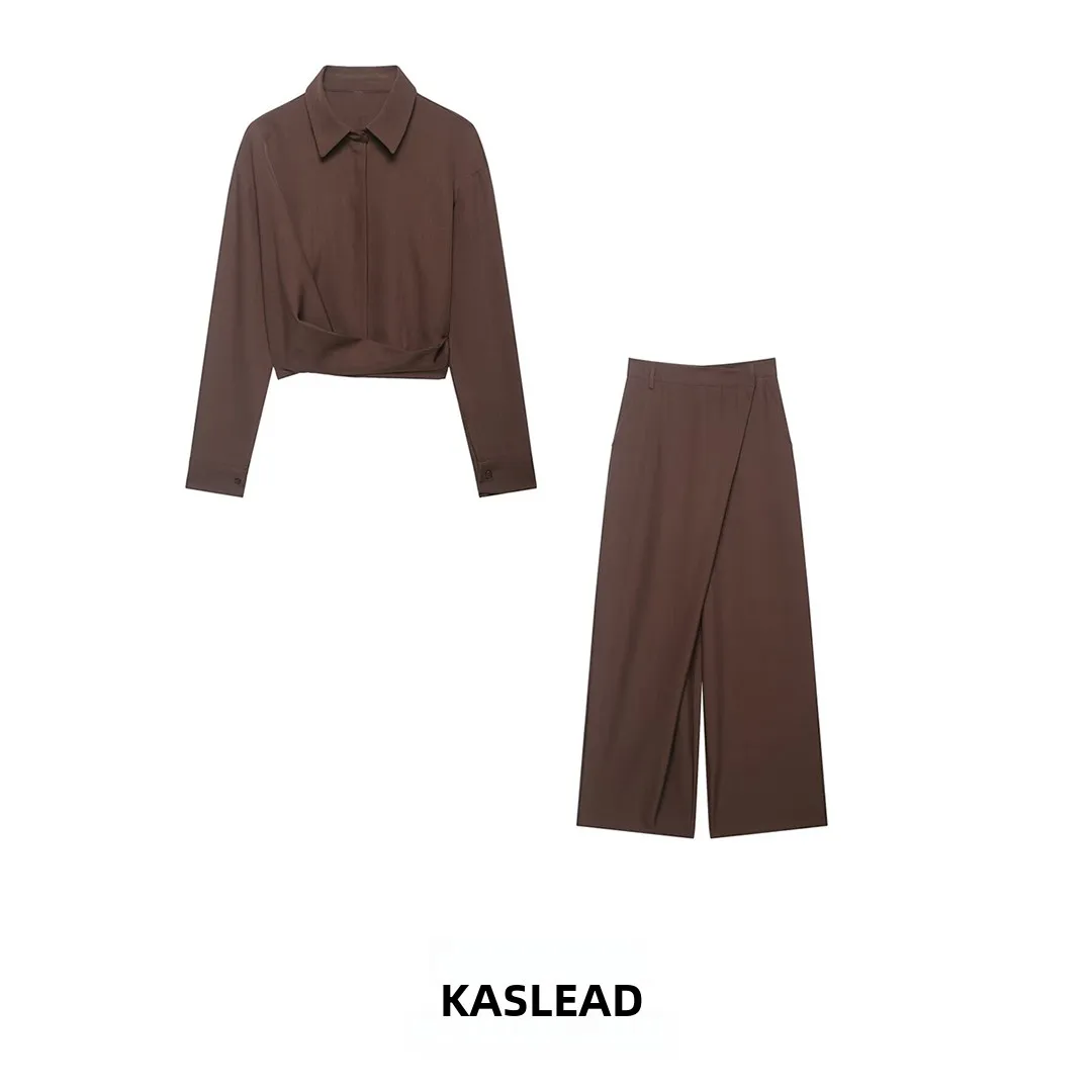 

KASLEAD New Women's Fashion round Neck Asymmetrical Shirt Top Splicing Straight Leg Pants Spring Season Two-Piece Set