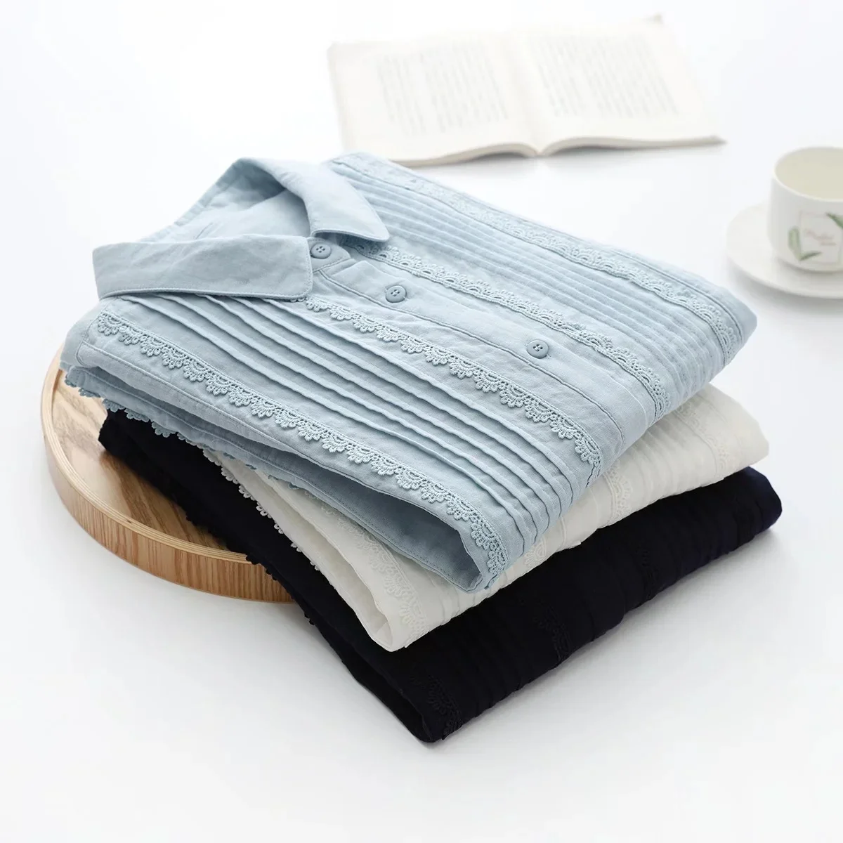 100% Cotton Yarn Blue Shirts Women Spring Tops Japan Fashion Lace Embroidery Blouses Lady Soft Skin-Friendly Base Shirt