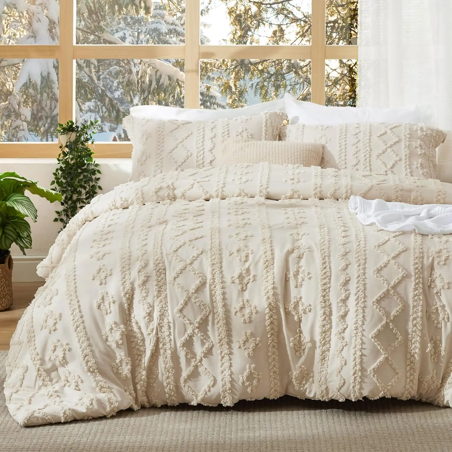 

Комплект постельного белья King Size в стиле бохо, бежевый, 3 предмета, с вышивкой в стиле фермерского дома и шебби-шик, мягкий жаккард, для всех сезонов