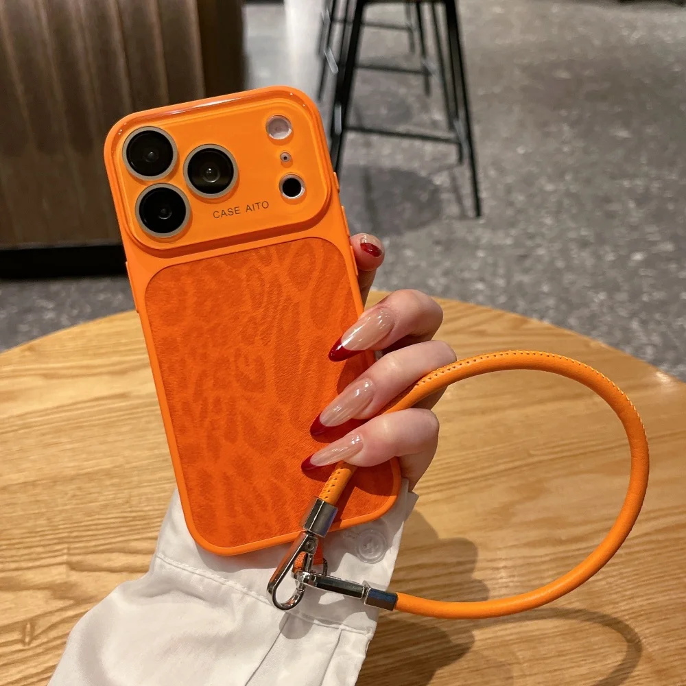 Neue PU-Leder Handyhülle mit Leopardenmuster und Armband für iPhone 17 16 15 14 Pro Max 13 – Stoßfester Bumper mit großem Fenster und Umhängeband