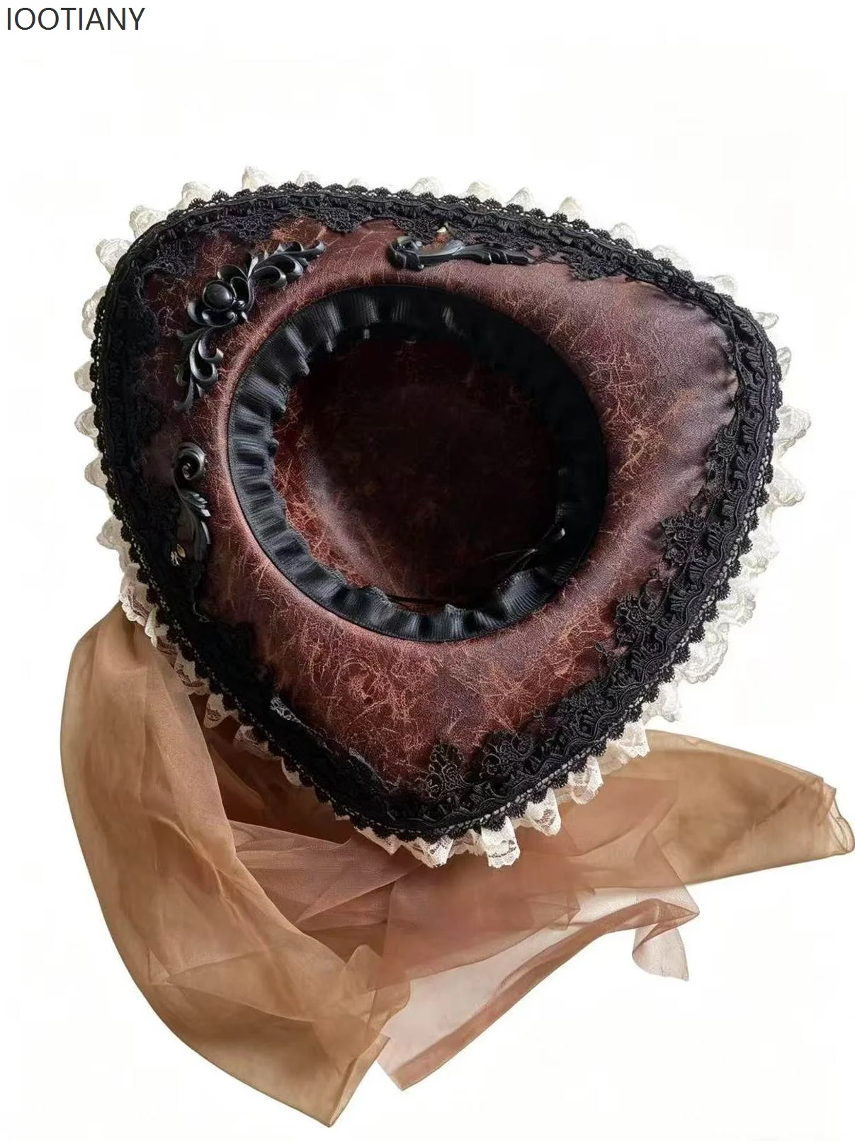 Vintage Brown Pirate Tricorn Hat Gothic Steampunk Skull Skeleton Decor Hats Retro Lace Trim Stage Party Cosplay Costume Headwear view 5
