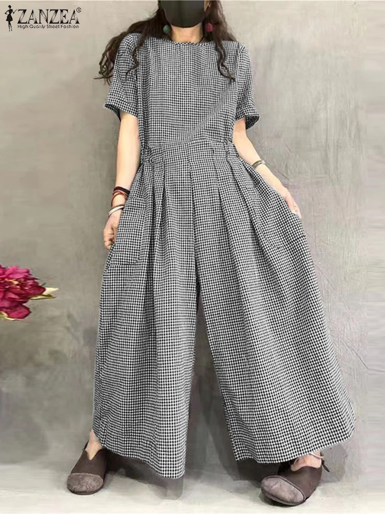 ZANZEA Gingham Loose Casual Jumpsuits 2024 Fashion Women Checked Pleated Waist Long Romper Short Sleeve O Neck Wide Leg Overalls