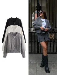 TRAF Cardigan donna a tinta unita con scollo rotondo Nuova giacca a maglia con zip a manica lunga Casual High Street Giacca Autunno Inverno