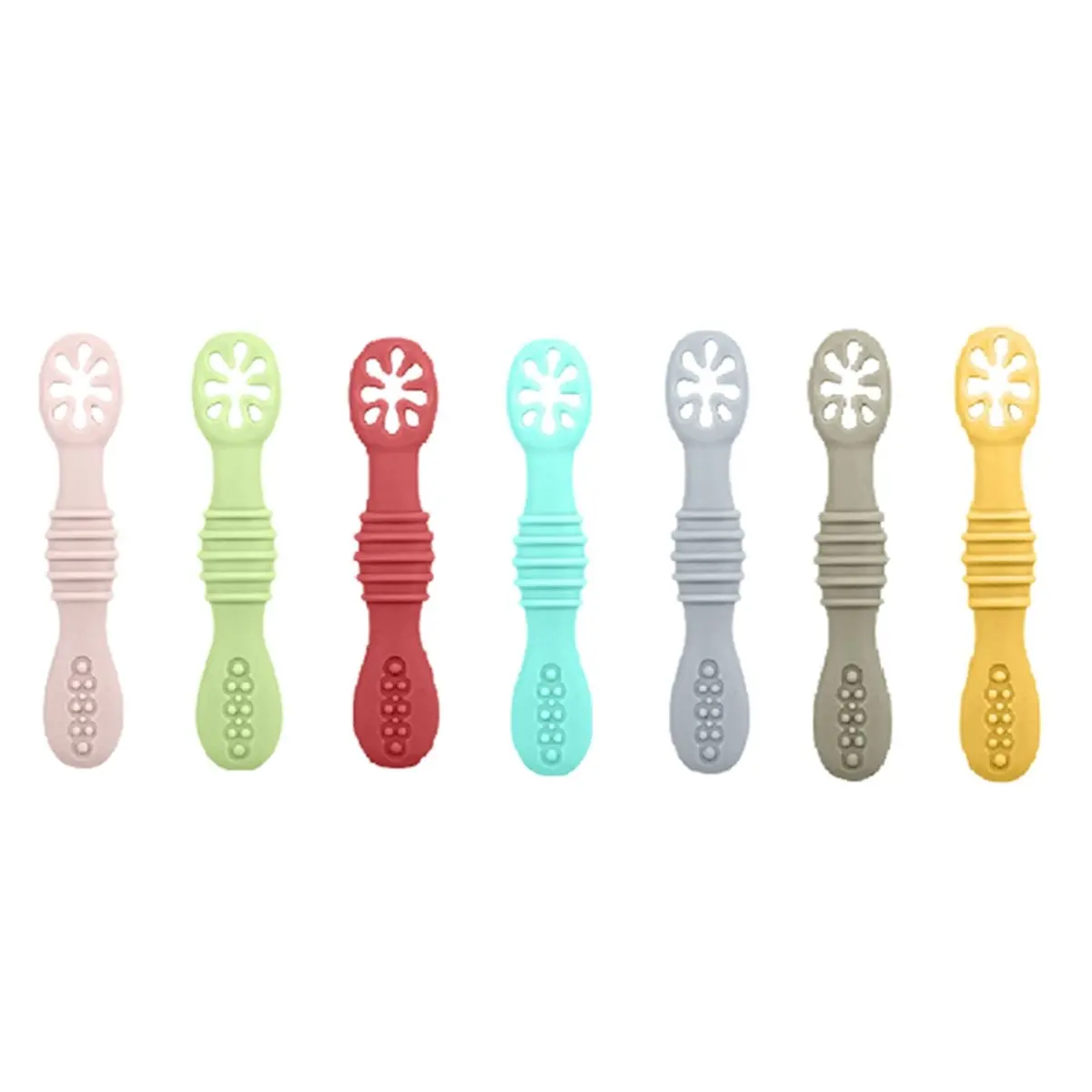 【STABLE QUALITY】7 Pcs , Soft Silicone Self-Feeding Utensils for Babies & Toddlers,First Stage Training Spoon