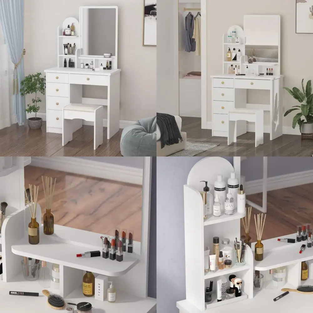 مجموعة مكياج ECACAD: مرآة كبيرة وطاولة تزيين مكونة من 5 أدراج مع أرفف تخزين ومقعد مبطن لغرفة النوم #1