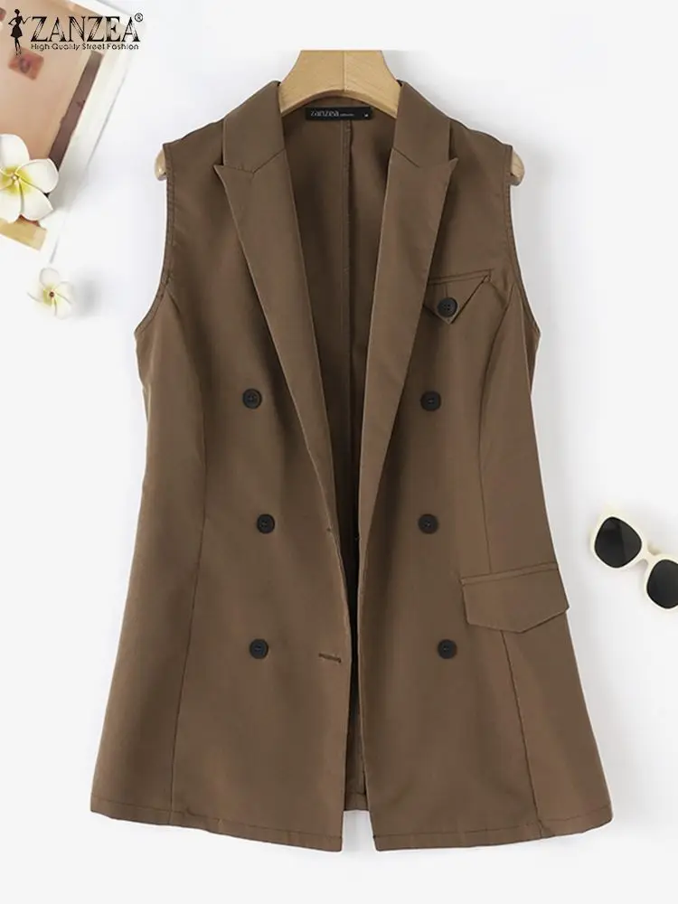 ZANZEA Summer Fashion Sleeveless Vests Vintage Jackets Elegant Women Blazer Lapel Neck Solid Color OL Work Shirt Casual Tops