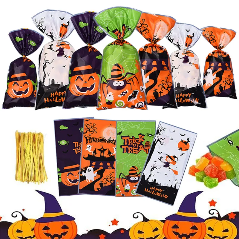 50/100pcs Halloween Candy Bag With Rope Plastic Trick Or Treat Party Gift DIY Baking Packaging Bag Gathering Supplies TMZ