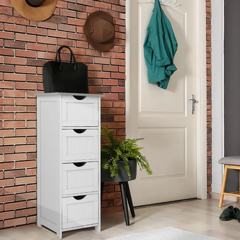 

White Bathroom Storage Cabinet with 4 Drawers Wooden Freestanding Slim Bathroom Floor Cabinet Small Side Organizer Storage Unit
