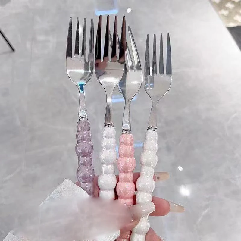 Tenedor con mango de perla para postre, tenedor de acero inoxidable para carne, tenedor para ensalada, tenedor para pasta, accesorios de cocina, utensilios