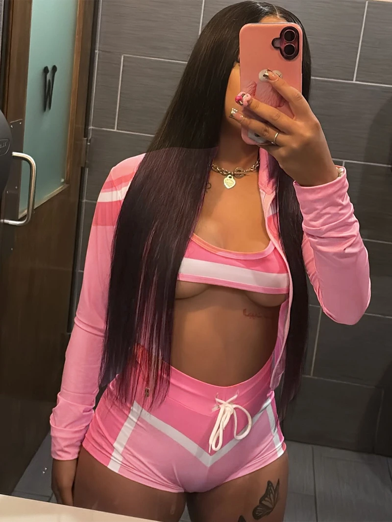 

STYLISH LADY Sports Patchwork Contrast Color 3 Piece Set Women Jacket & Bra Shorts Suits 2025 Summer Sexy Sports Tracksuits
