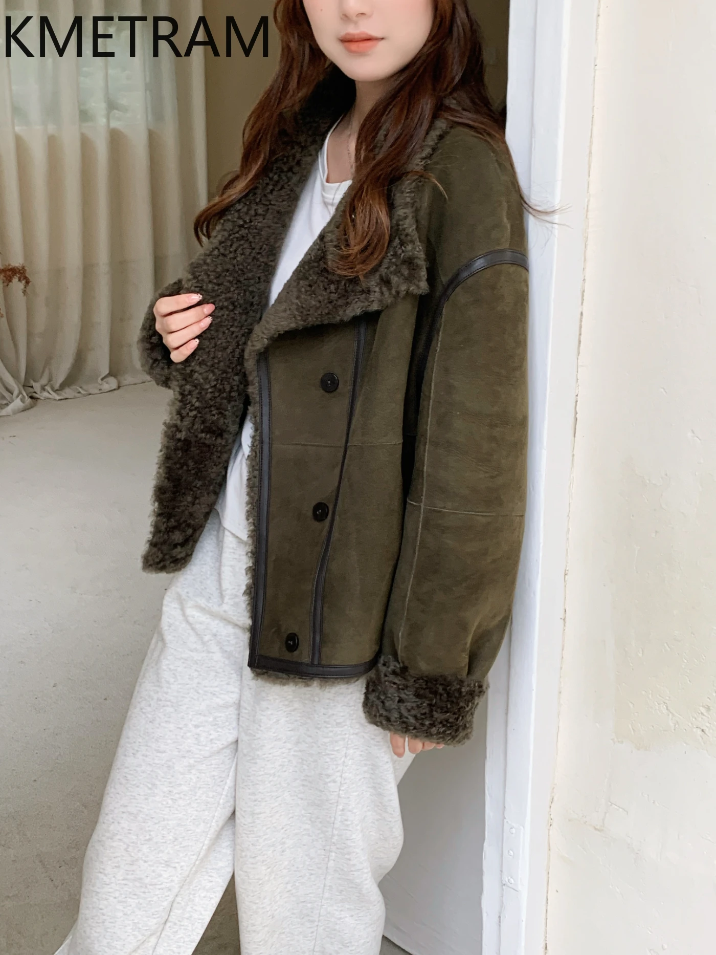 KMETRAM Natuurlijke Schapenvacht met Wollen Bijgevoegde Jas Vrouw Donkergroen Kort Echt Bont Jas Dames Winterkleding 2025, Giaба Turismo