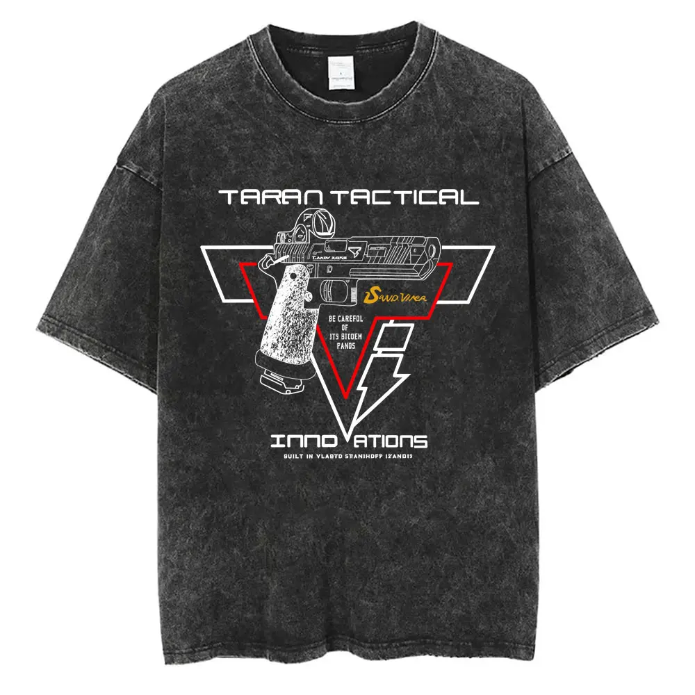 

Washed Vintage Taran Tactical Pistol Print Super Elastic Graphic T-shirt Men Casual Cotton Retro T-shirts Male Oversized T Shirt