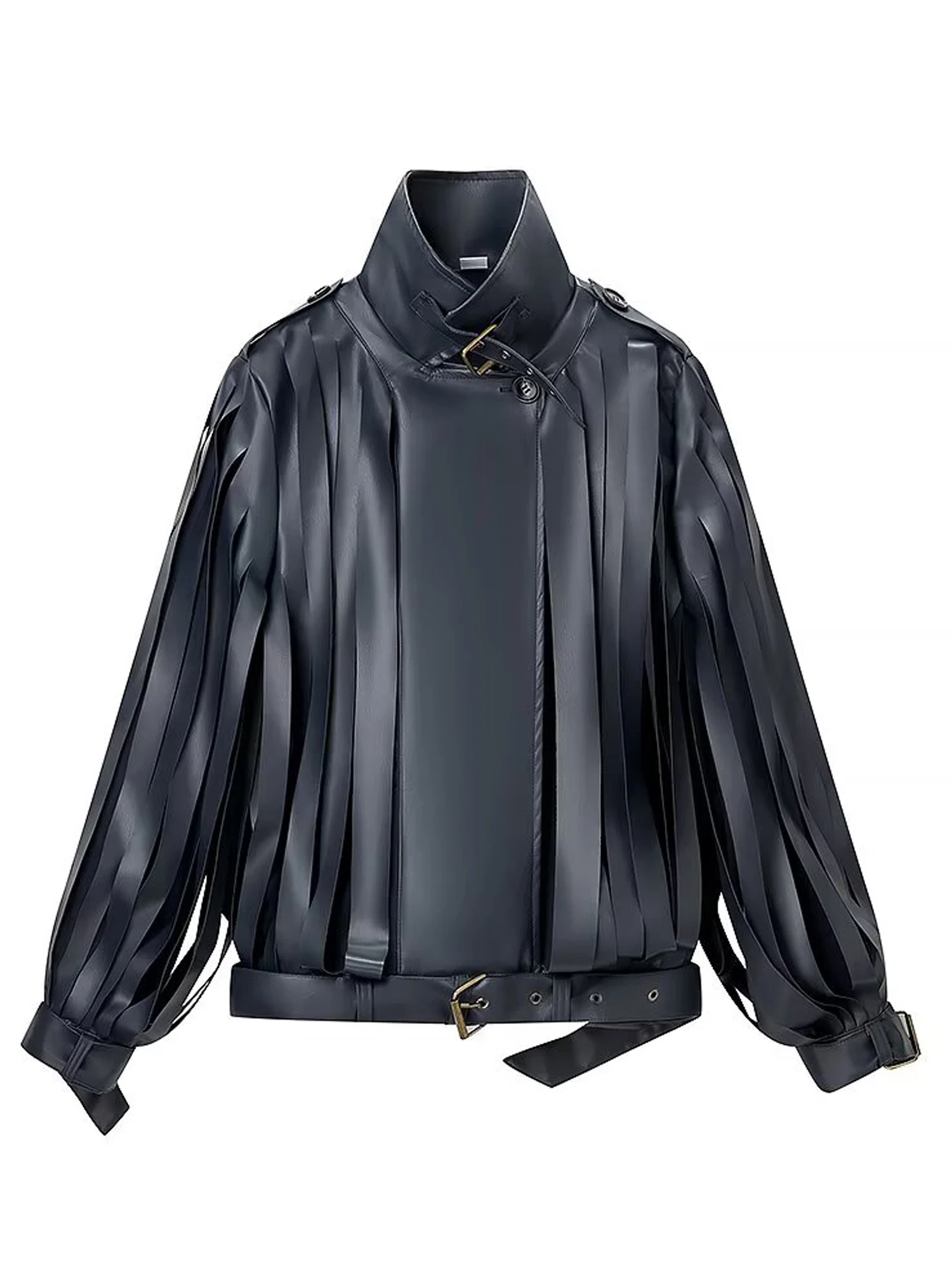 2026 New Lady Autumn Retro Outwears Chic Leather Jacket For Women Lapel Long Sleeve Oversize Coat With Belts Cutting Streetwear