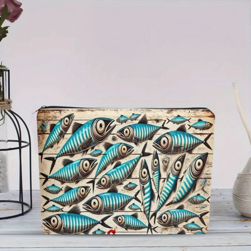 Cosmetic Bag Sardines Illustration Travel Toiletry Bag Zipper Closure Durable Fabric Small Portable Suitable for Church Travel