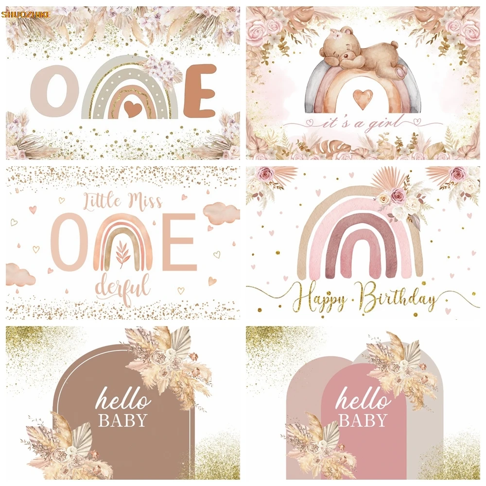 

Boho Baby Shower Backdrop Pampas Grass Bohemian Rainbow Flower Boys Girls 1st Birthday Party Photography Background Photo Studio