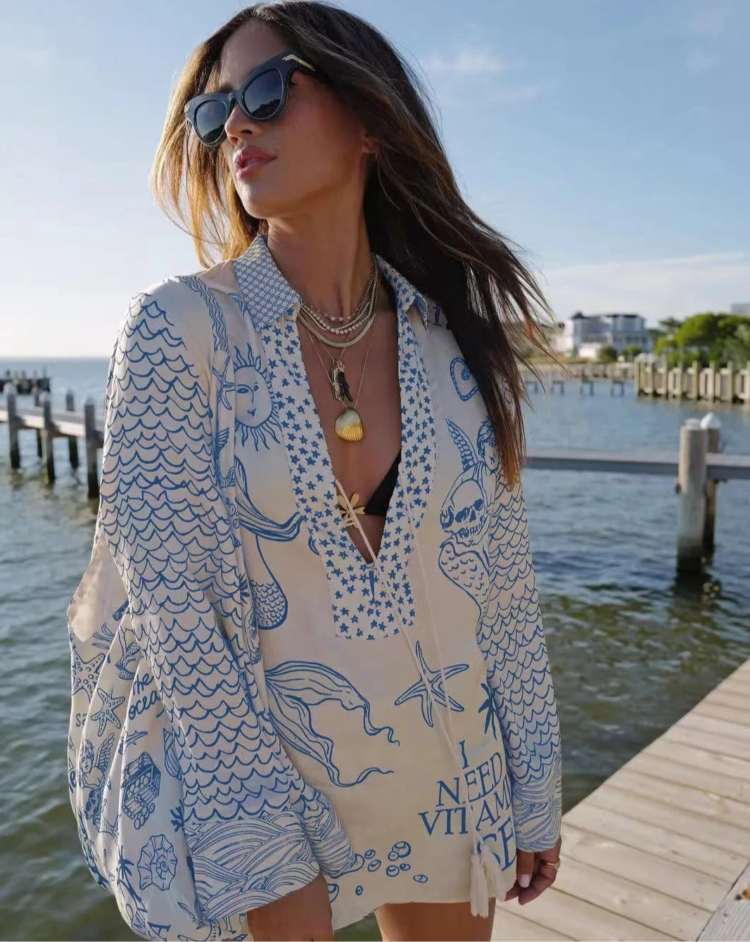 طقم نسائي مكون من قطعتين على الشاطئ لعام 2026 - بدلة سباحة مع غطاء صوفية من الساتان المطبوع، فستان كاجوال على الموضة الصيفية بوهو