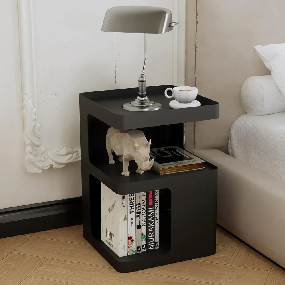 Modern coffee table, unique bedside table, black metal bedside table, three-layer accent table with bedroom storage space