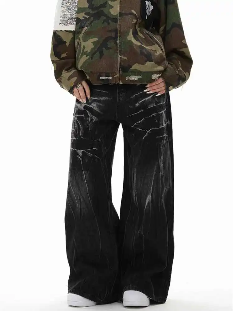 

Black Womens Jeans High Waist Vintage Straight Baggy Denim Pants Street 90S Y2K Design Sense Wide Leg Large Size Denim Trouser