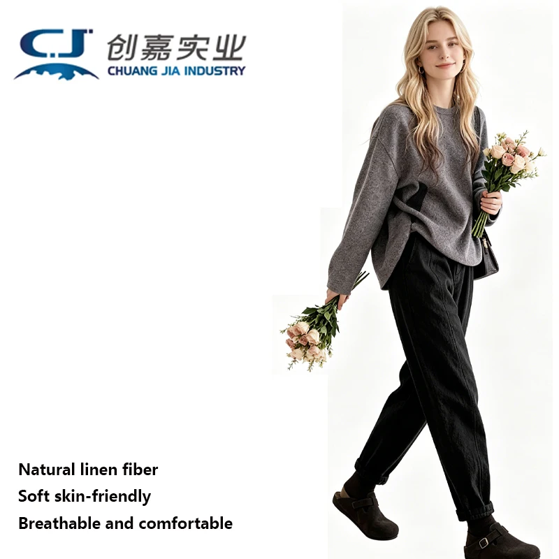 

Linen Spring and Autumn Lady Trousers Dark Green Leisure Cotton Hemp Small Foot Pants a Hundred Commuter Quality Women's Wear