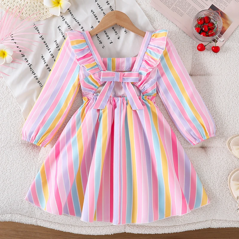 Little Girls Color Striped Casual Dress, Ruffle Shoulder Long Sleeve Waist Gathered Flared Princess Dress For Daily Wear