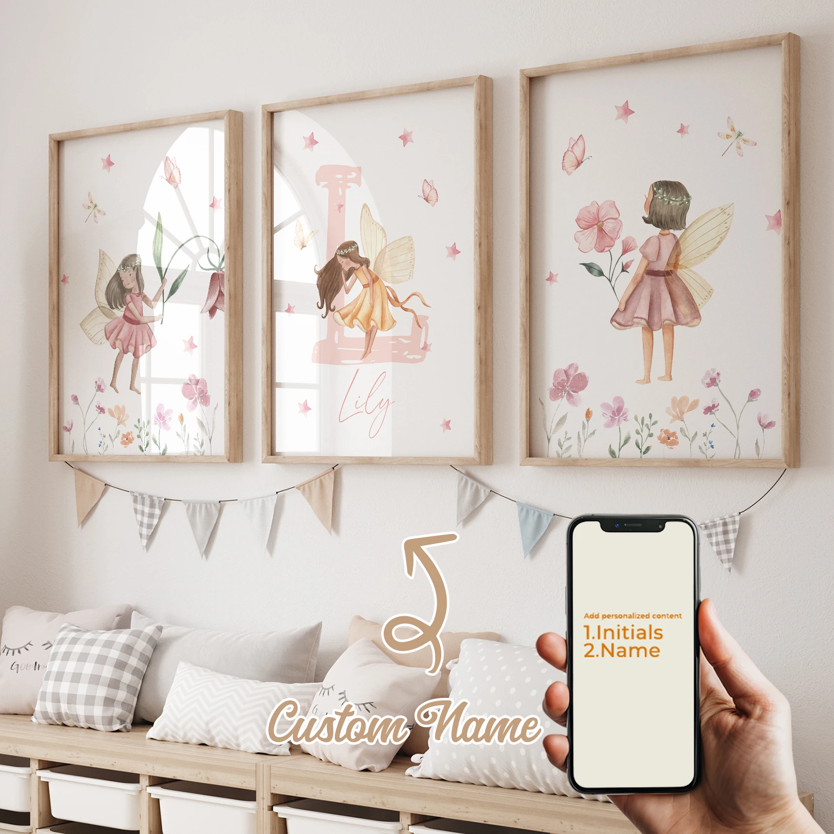 3pcs Personalized Custom Name Flower Fairy Wall Art Print Picture Canvas Poster Painting Living Room Home Decor