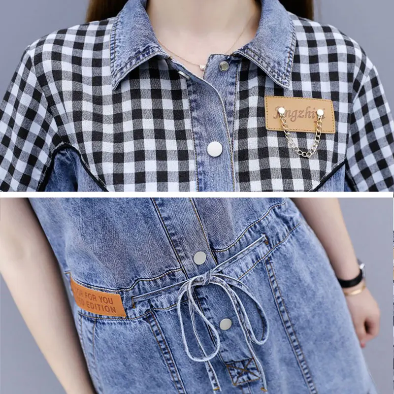 Casual Plaid Patchwork Denim Dress Women Korean Fashion Slim Waist Lace Up Jean Dresses Short Sleeve Mini Summer Vestidos Mujer