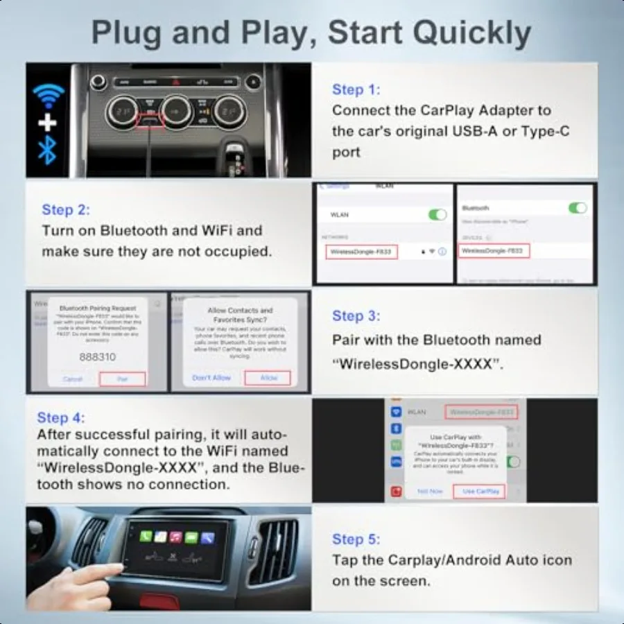 Адаптер Wirel CarPlay Android Auto Convert Factory Wired to Wirel, совместимый с автомобилями из 2017 года iPhone iOS 10+ Android 11+ Plug