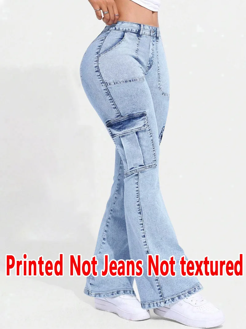 5974  Ladies Non- Denim Floral Print Bell Bottom Pants Texture-Free Simulation Denim Four Seasons Wearable Long Trousers