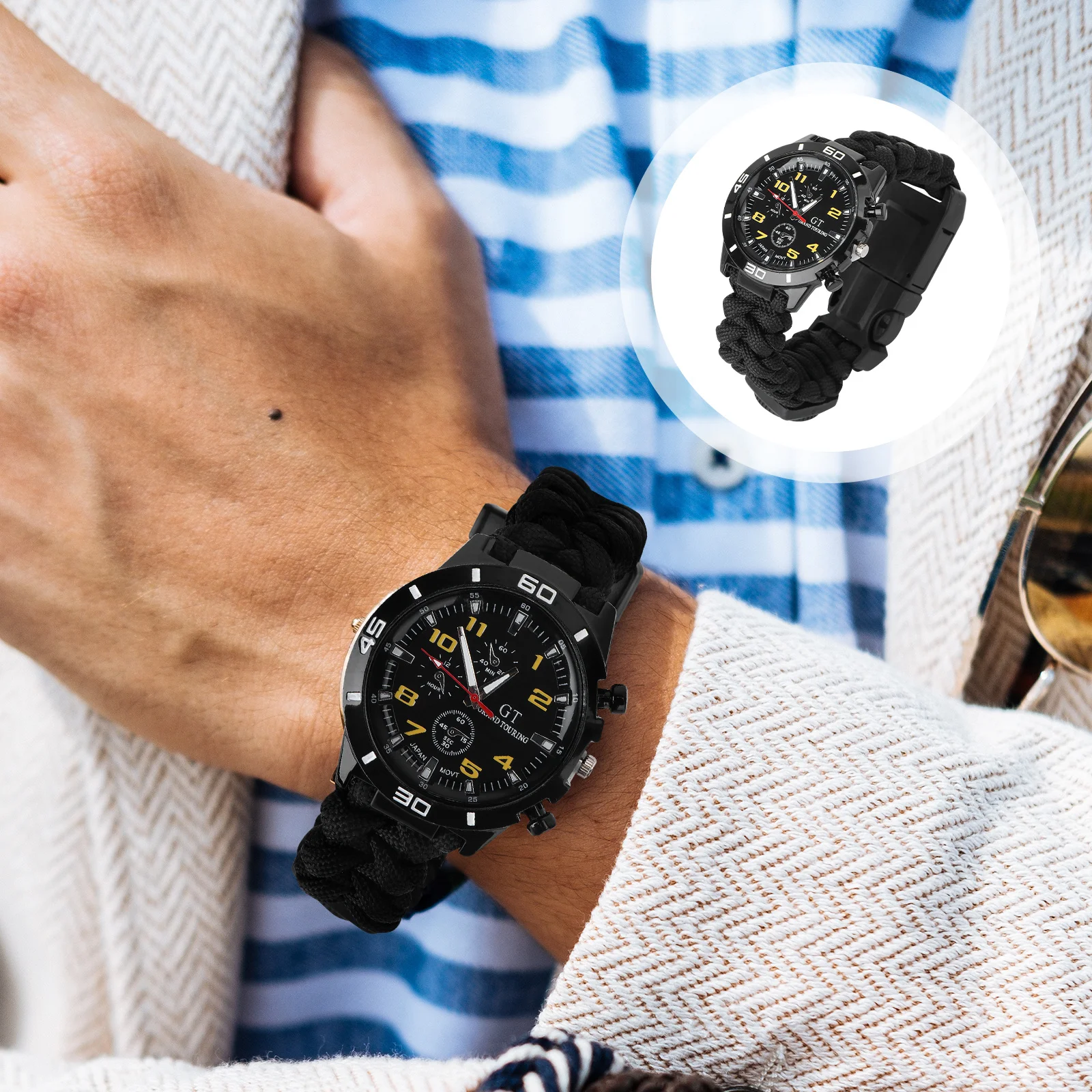 

3 In 1 Mountaineering Watch Black Yellow Braided Lanyard Strap Outdoor Multifunctional Watch Compass Thermometer For