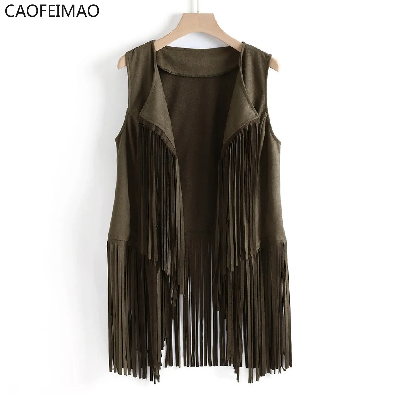 Women's Fringed Vest Jacket Fashion Fall Winter Suede Ethnic Sleeveless Fringed Vest Cardigan Vintage Faux Tassel Coat Coffee