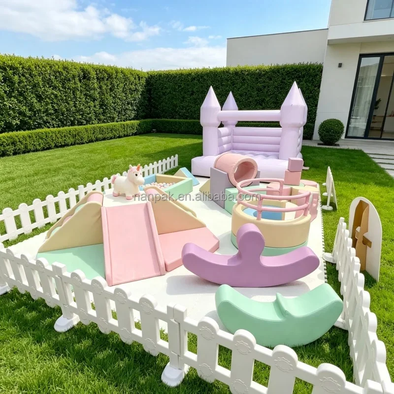 Pastel Soft Play Set for Kids with Slide Tunnel Carousel & Bounce Castle Equipment for Birthday Parties Daycares & Play Rental