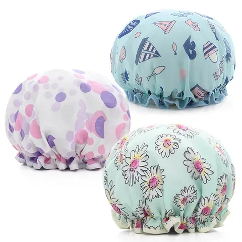 

1Pcs Bath Hat Waterproof Shower Hair Cover Thick Shower Caps Double Layer Bathroom Women Supplies elastic band cap