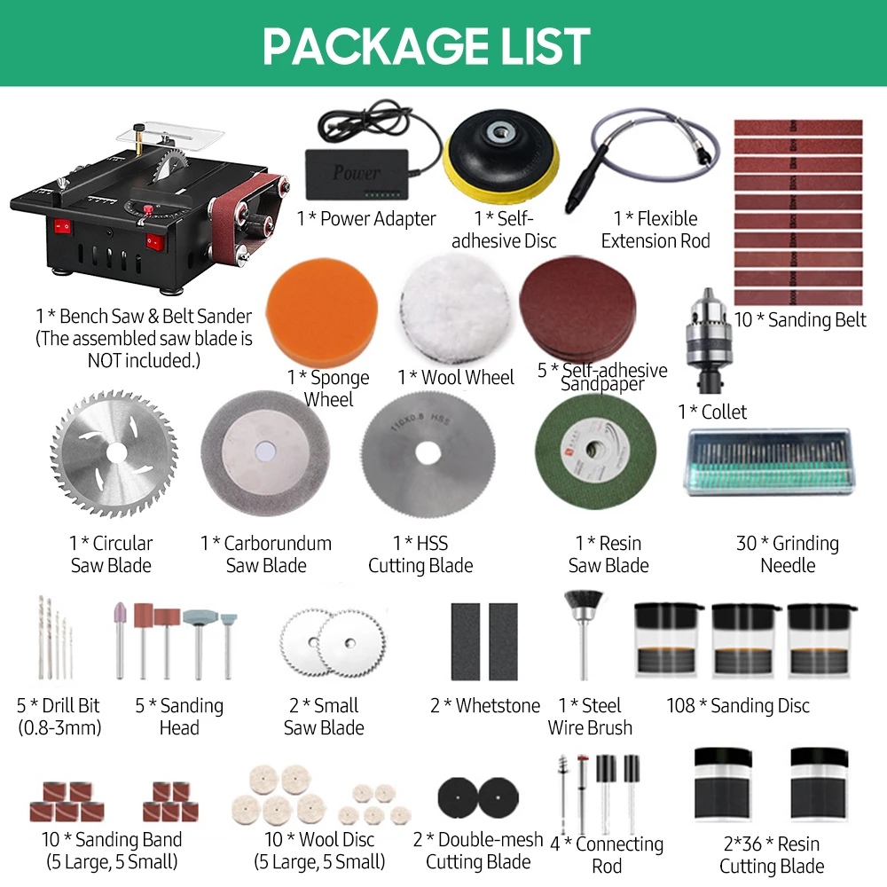 200W Mini Bench Saw and Belt Sander with Extension Rod, Collet, Grinding Carving Drilling Kit, Variable Speed Circular Table Saw