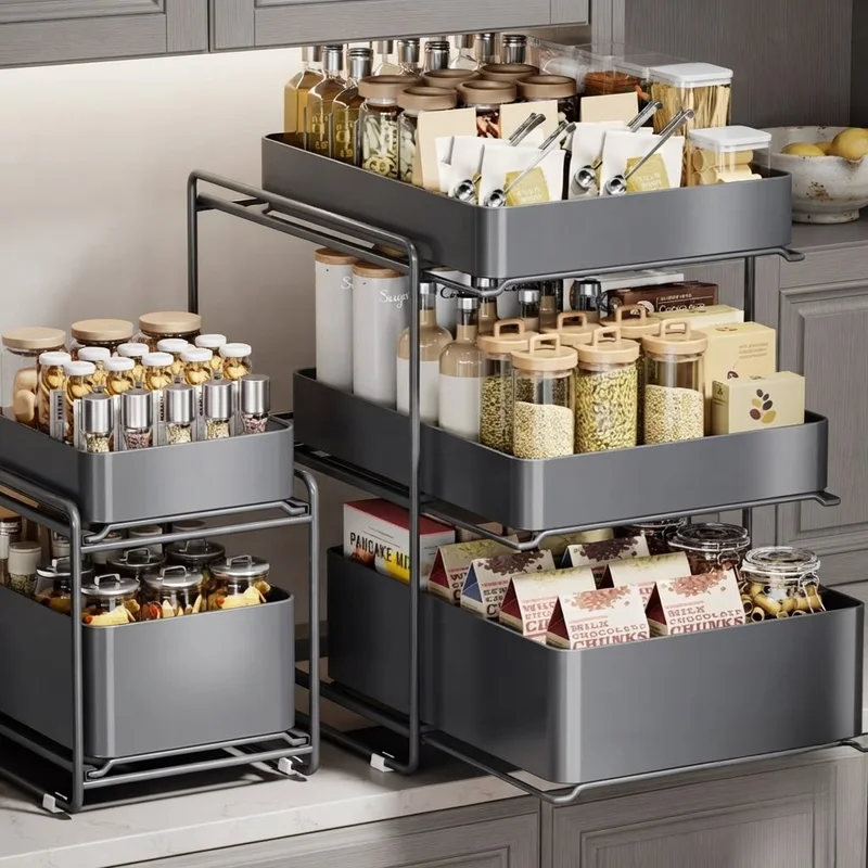 #Pull out Tiered Basket Kitchen Cabinet  Rack Multi functional Condiment Cabinet Organizer Adjustable Wire Mesh Kitchen Cabinets