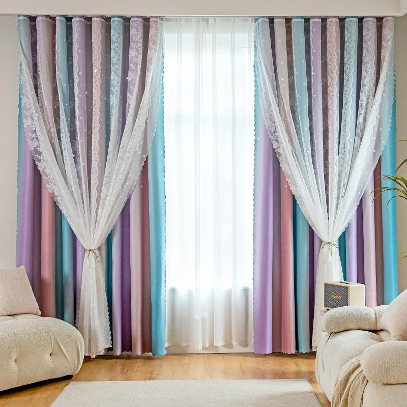 1pc Gradient Ombre Curtains Double Layer Embroidered Sheer with 90% Blackout Liner Thermal Insulated Eyelet