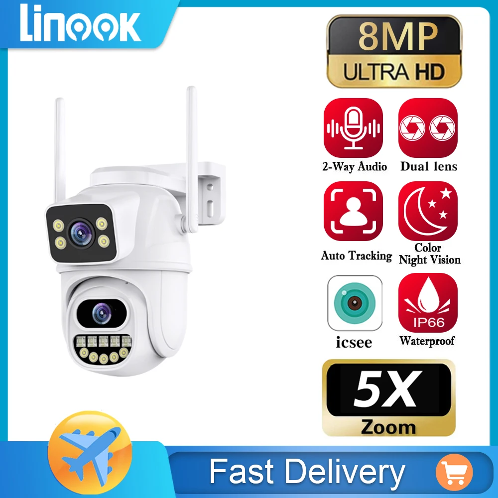 

Linook ICSEE，4K，8MP， Dual lens, outdoor waterproof wireless WIFI connection, CCTV cameras, IP security protection