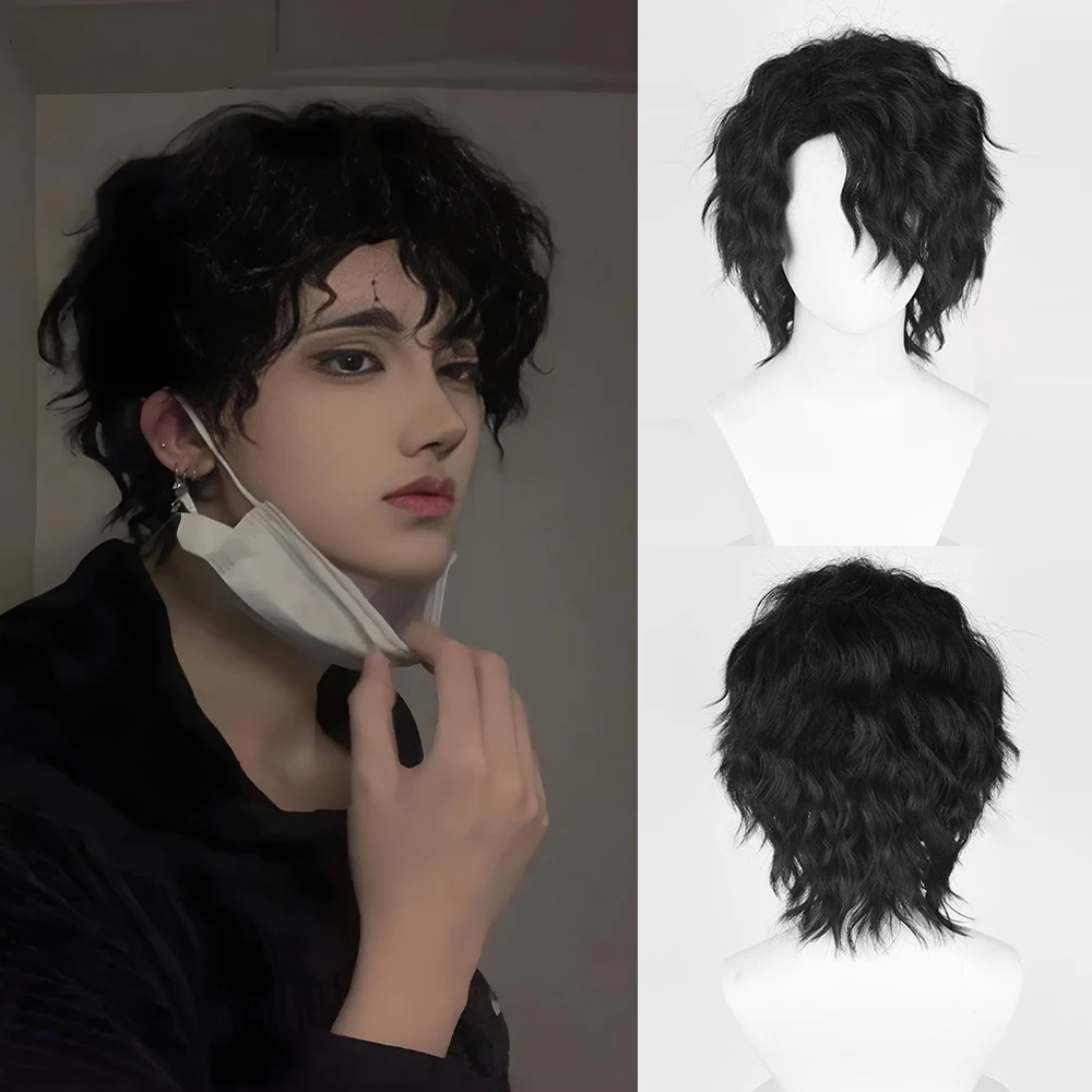 Synthetic Short Black Wavy Curly Wig With Side Bangs For Man Cosplay Anime Party Fake Hair Heat Resistant Wig