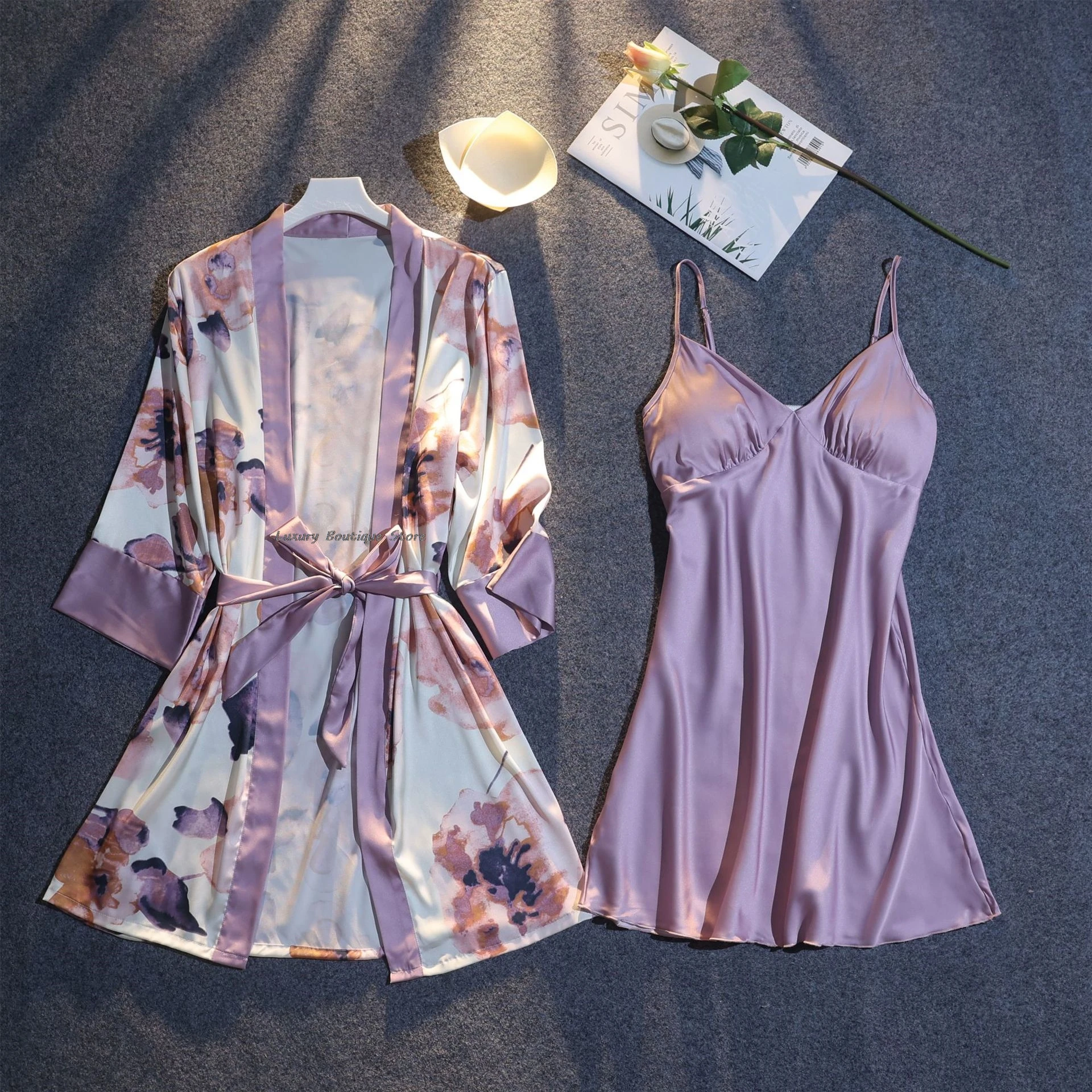 

Floral Print Women Summer Pajamas Half Sleeve Belt Cardigan Chest Padded Slip Dress 2 Piece Set Women Outfits Chic Homewear Suit