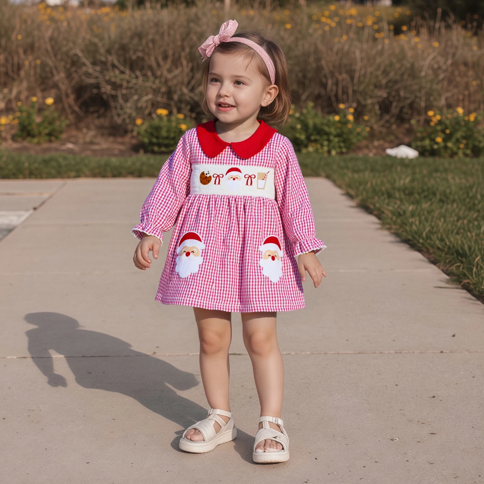 FOCUSNORM 0-5Y فستان جميل للفتيات الصغيرات لعيد الميلاد بياقة دمية سانتا مطرز منقوشة مطبوعة بأكمام طويلة فستان بأكمام فقاعية #2