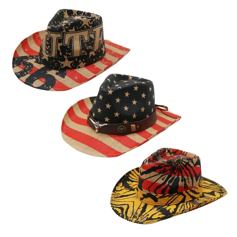 

Graffiti Cowboy American-Flag Pattern Hat for Men Western Cowboy Hat Model Show Adult Cowboy Hat with Ox Head Decors