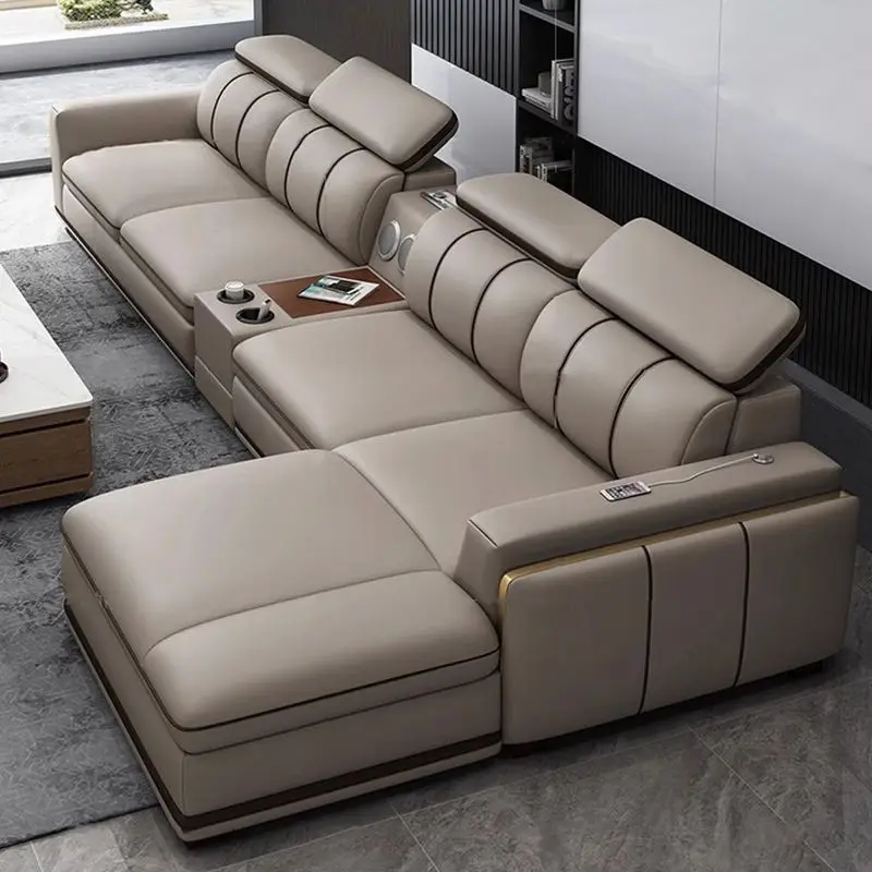 Italian light luxury first-layer cowhide sofa rechargeable bluetooth music straight row princess combination home classic leathe
