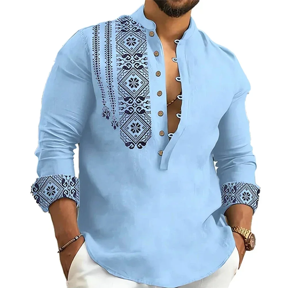 Men\'s Loose Henley V Neck T Shirts, Button Down Shirt Blouse with Long Sleeves, Perfect for a Summer Beach Look