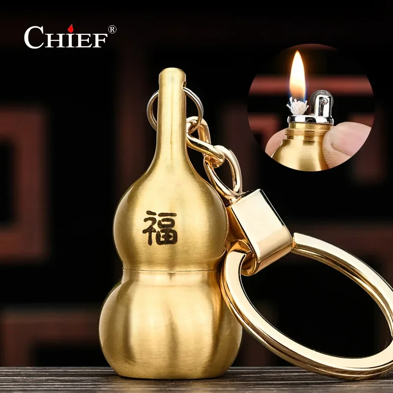 CHIEF Pure Copper Gourd Keychain Pendant Kerosene Lighter Personality Vintage Grinding Wheel Retro Portable Cigarette Lighter