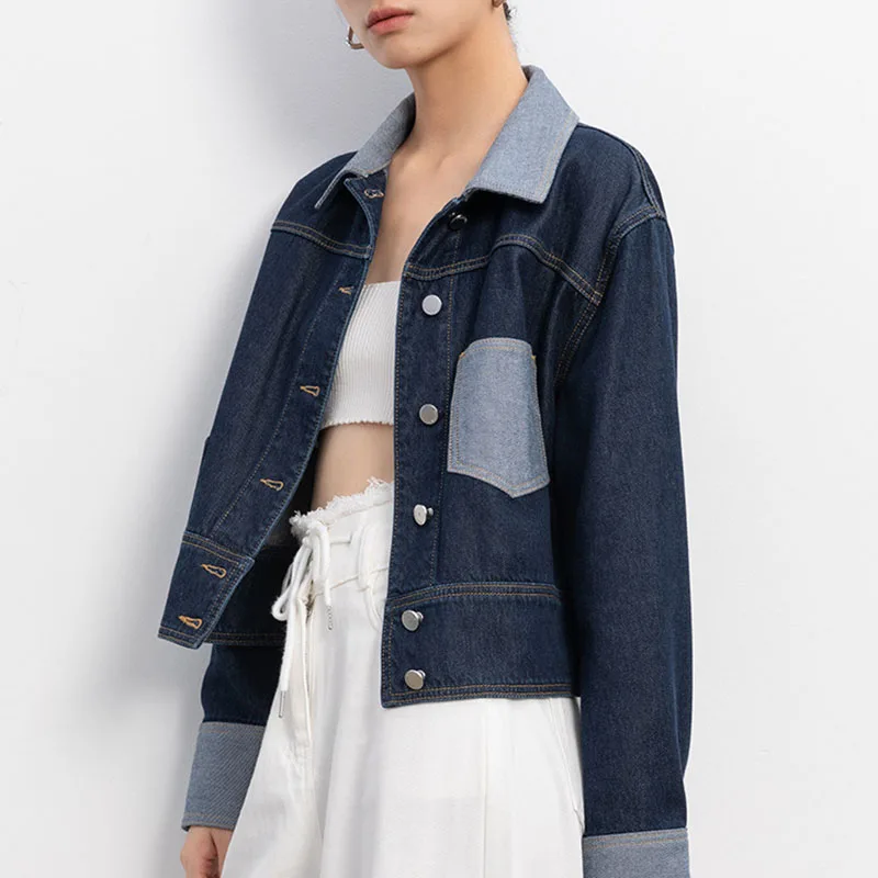 Vintage Design Color Contrast Tooling Denim Coat 2025 Spring Autumn New Short   Top Fashion Splice Lapel Women Denim Jacket H311